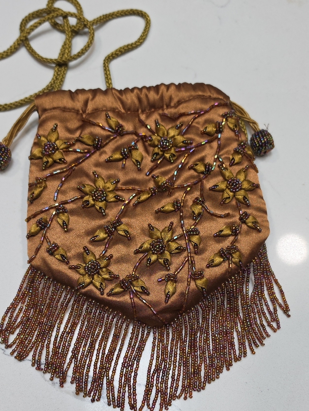 Gunne Sax by Jessica McClintock-Bronze Satin Beaded Fringe Evening Bag